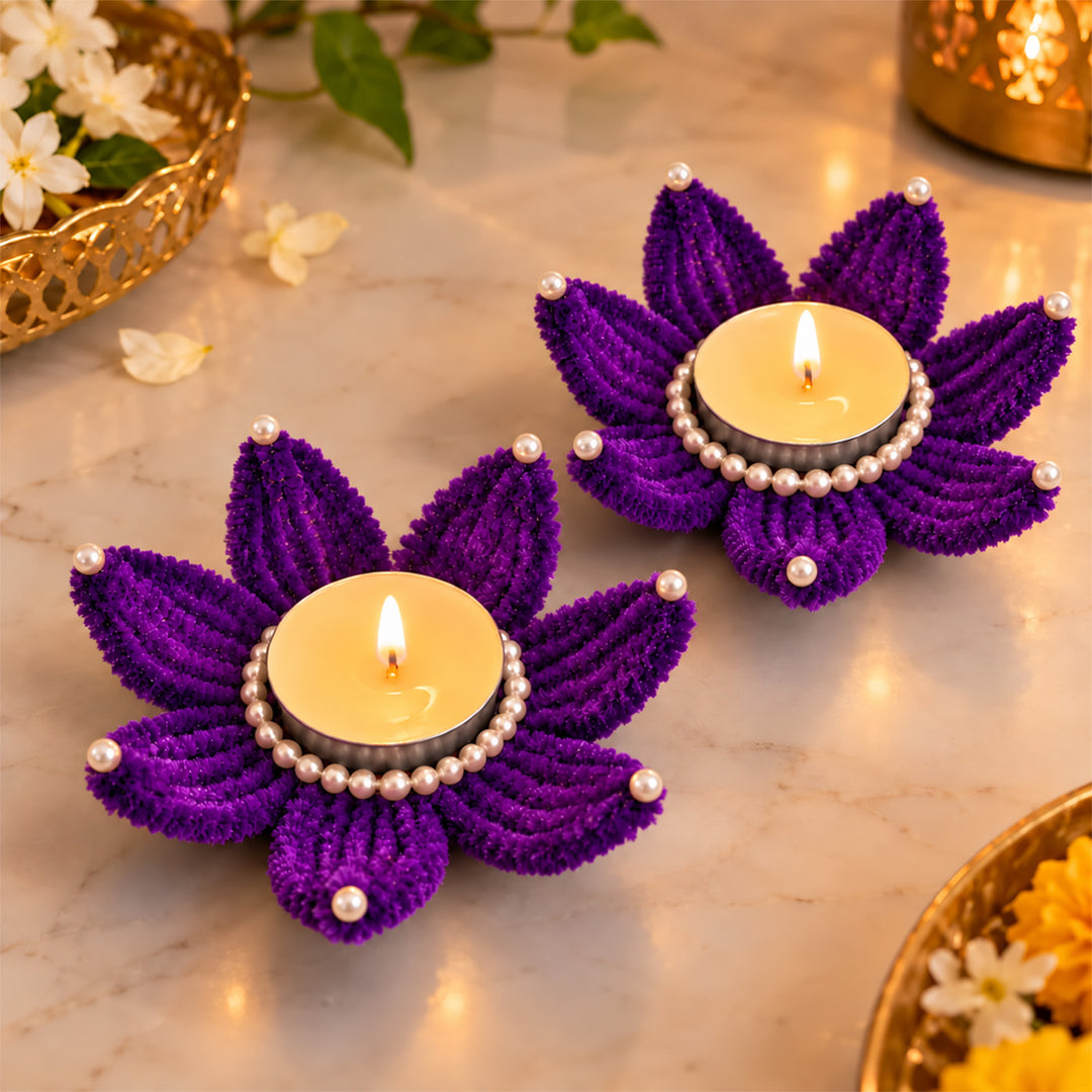 2 Pc | Handmade Pipe Cleaner & Pearl Mini Round Tealight Holders For Festive Decor
