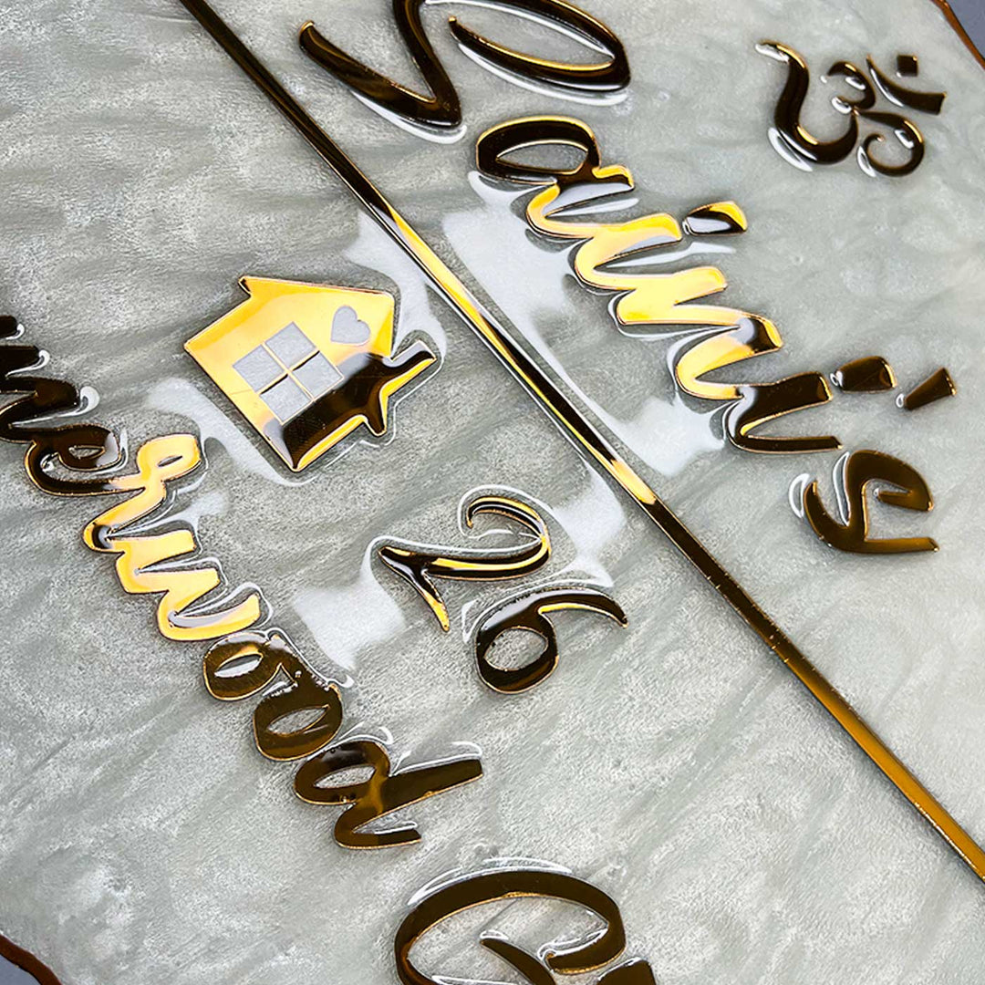 Personalized Resin Ganesha And Krishna Theme Name Plate - Engraving Close-up Showing Reflection