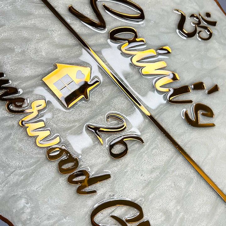 Personalized Resin Ganesha And Krishna Theme Name Plate - Engraving Close-up Showing Reflection