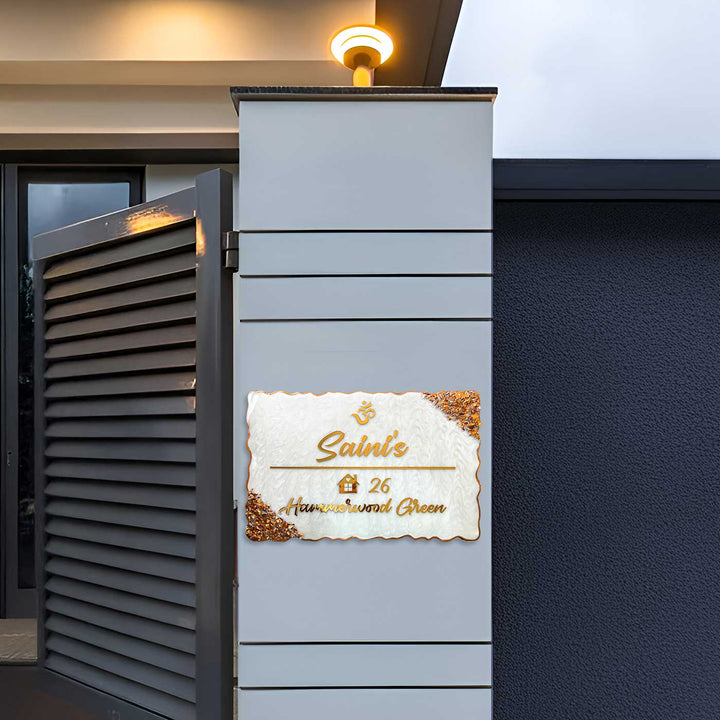 Personalized Resin Ganesha And Krishna Theme Name Plate - Mounted on Exterior Wall Pillar