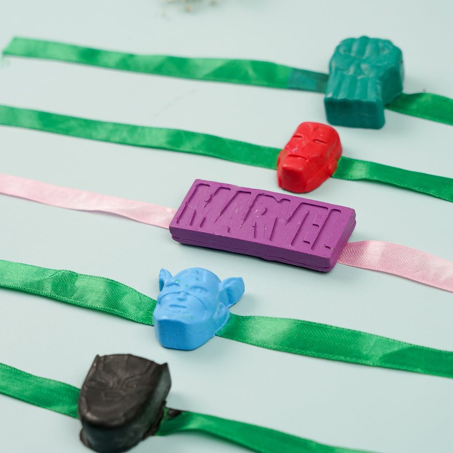 Reusable Non Toxic Avengers Theme Wax Kids Rakhi Set Of 5 - Top View Laid Flat