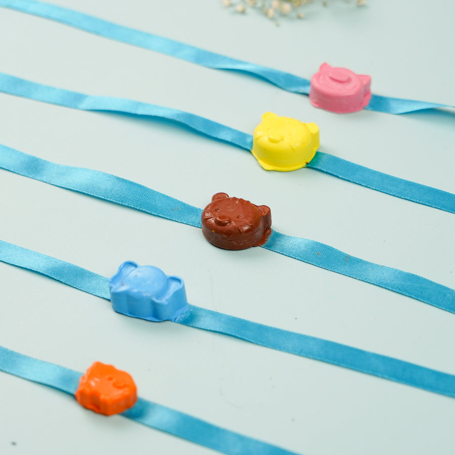 Reusable Non Toxic Animals Theme Wax Kids Rakhi Set Of 5 - Top View of Colorful Bracelets