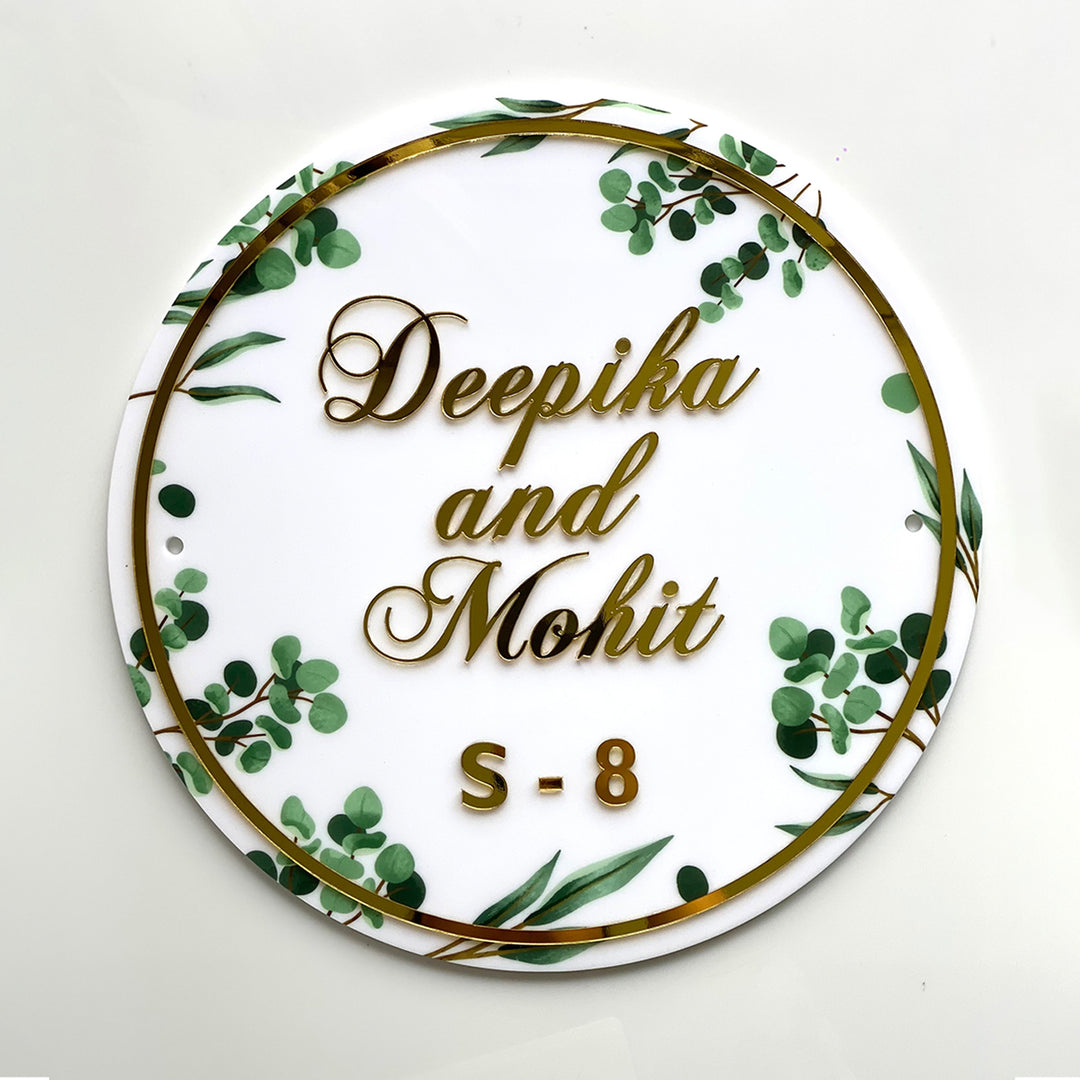 Personalised Acrylic Floral Round Nameplate - Top-down Front View with Personalization