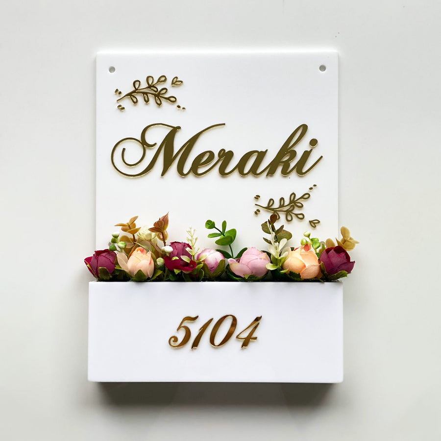 Personalised Acrylic Flower Planter Name Plate - Front View with Floral Arrangement