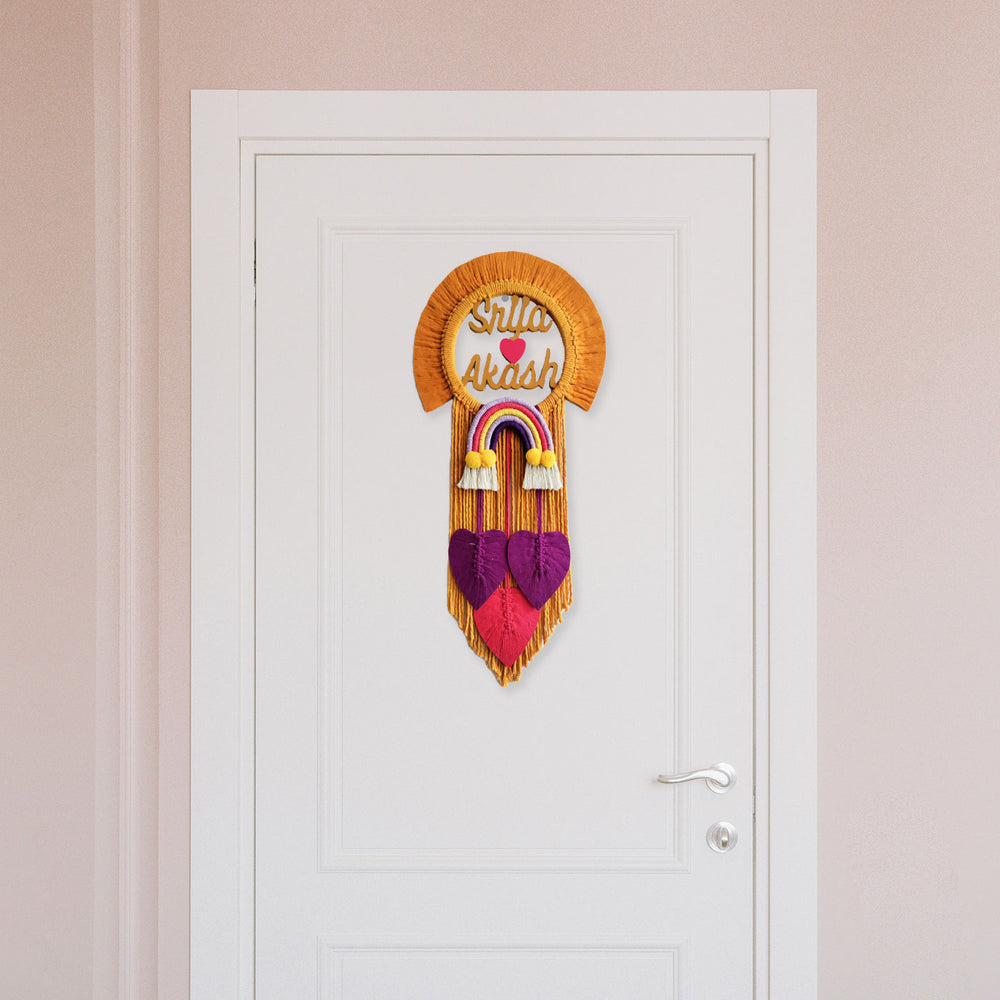 Handcrafted Personalized Macrame Wall Hanging For Couples 1 - Hanging on Door Front View