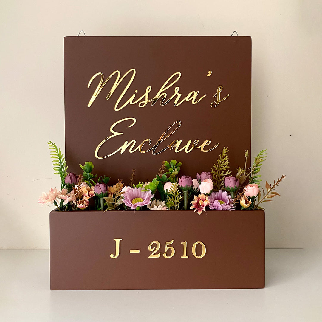 Personalised Mdf Flower Planter Name Plate 1 - Front View with Floral Arrangement