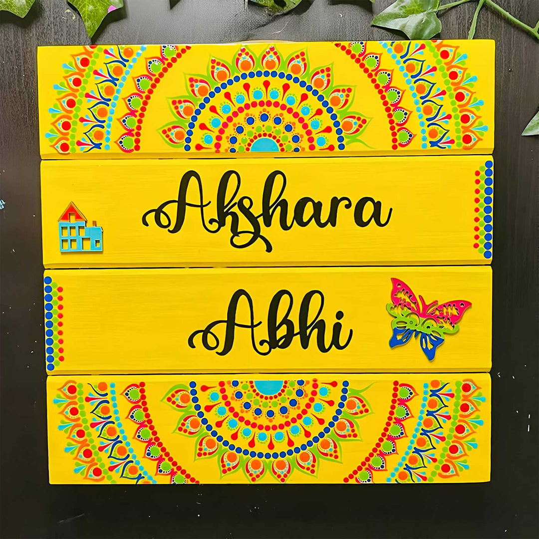 Personalized Hand-Painted Dot Mandala Butterfly Theme Mdf Wood Name Plate