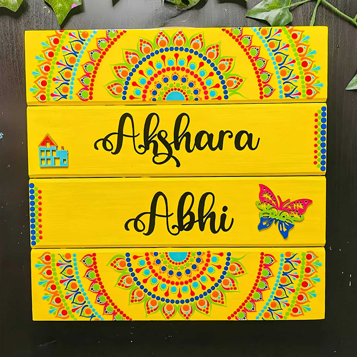 Personalized Hand-Painted Dot Mandala Butterfly Theme Mdf Wood Name Plate