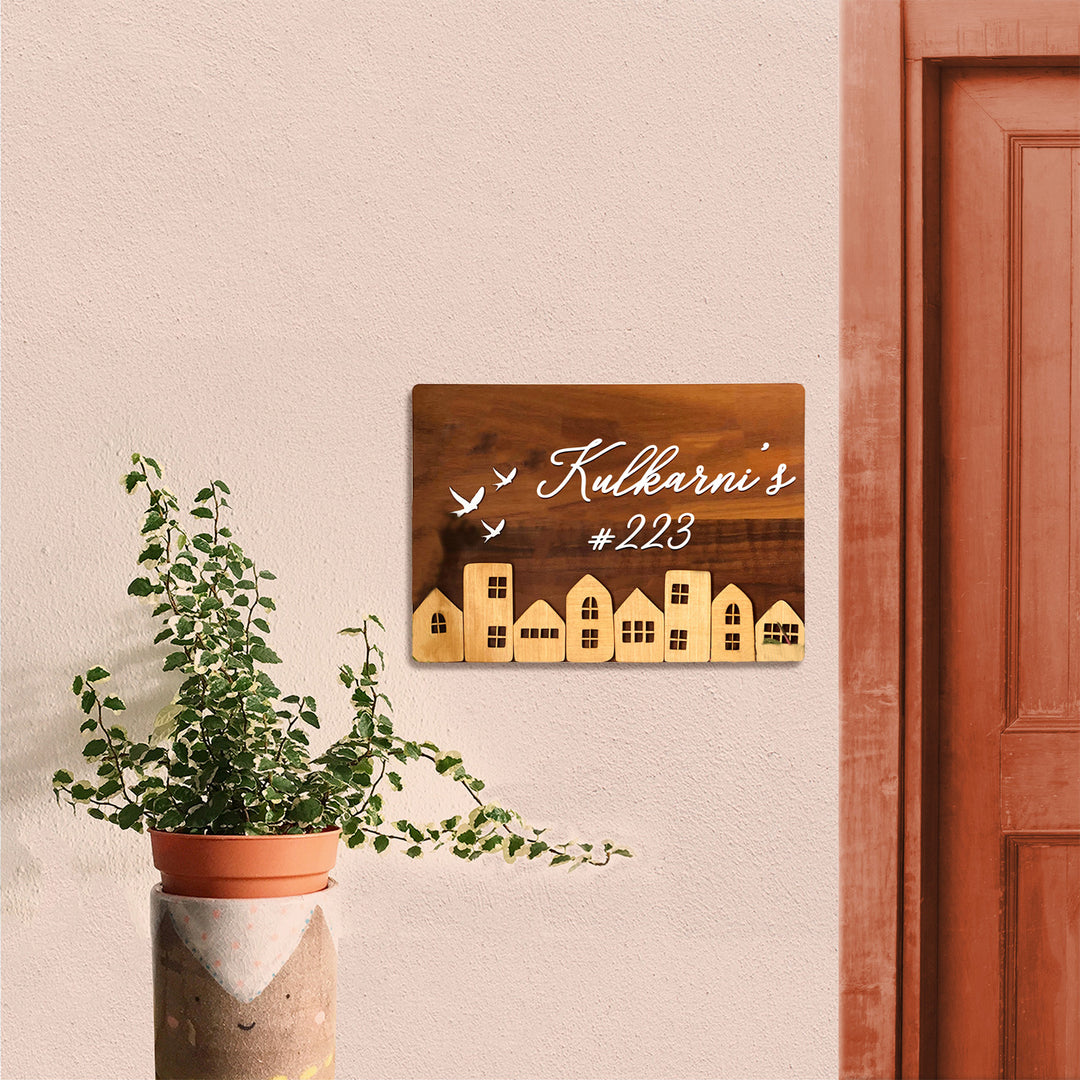 Personalised Wooden Rectangular House Name Plate 1 - Mounted on Exterior Wall near Door