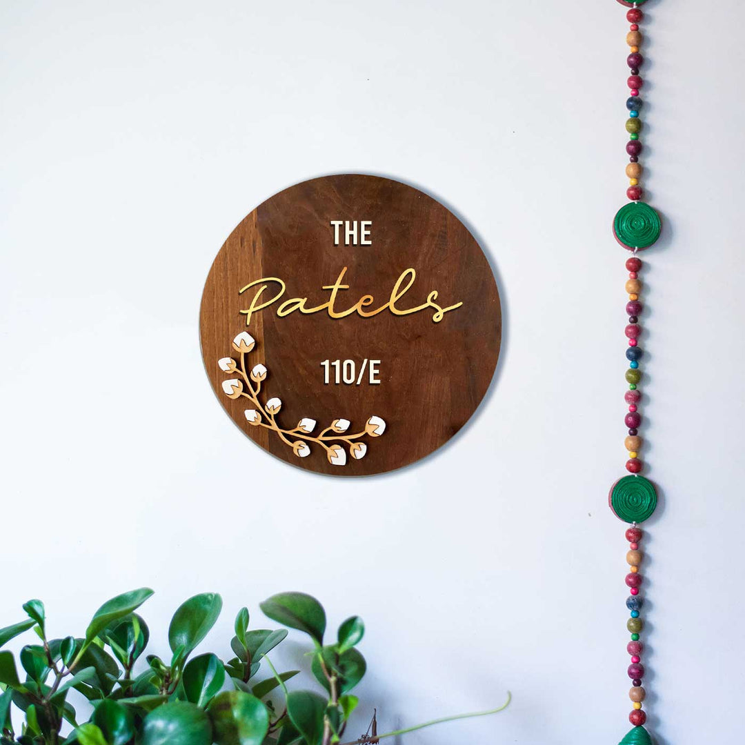 Personalised Wooden Round Floral Nameplate 1 - Mounted on Wall Display