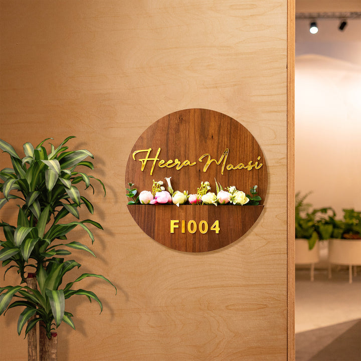 Personalised Wooden Flower Basket Name Plate 1 - Mounted on Wall with Floral Arrangement