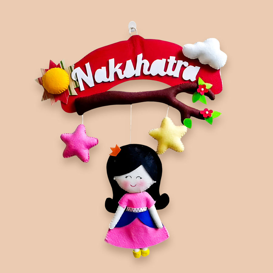 Personalized Handmade Doll And Branch Theme Felt Kids Name Plate - Front View Hanging Name Mobile