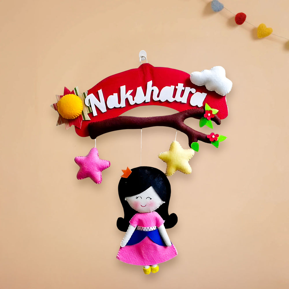 Personalized Handmade Doll And Branch Theme Felt Kids Name Plate - Hanging Name Personalization Example