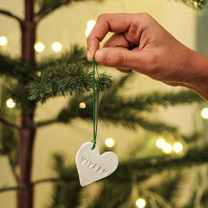 Set of 4 | Personalized Heart Embossed Clay Ornament For Christmas Tree Decoration