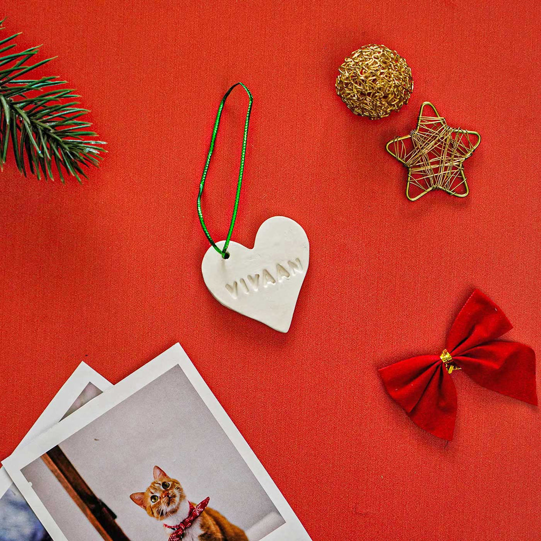 Set of 4 | Personalized Heart Embossed Clay Ornament For Christmas Tree Decoration