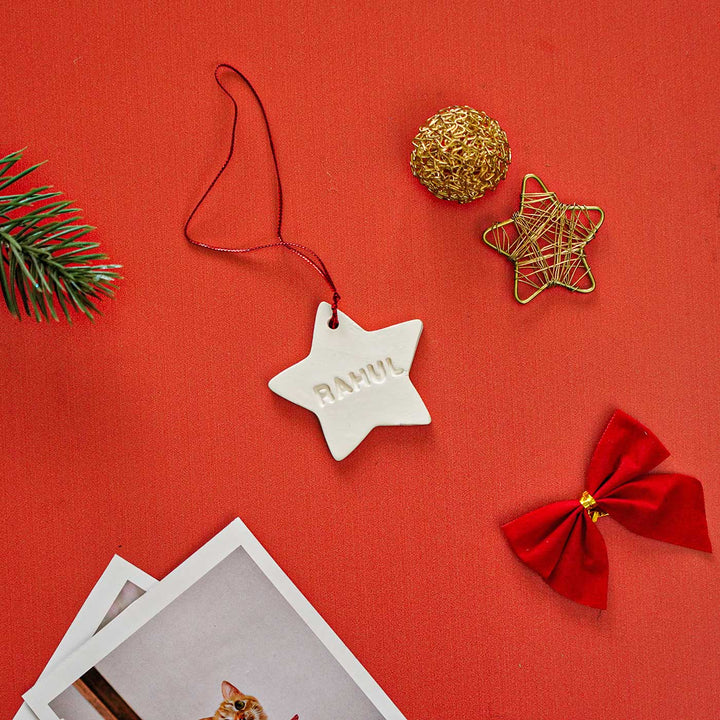 Set of 4 | Personalized Star Embossed Clay Ornament For Christmas Tree Decoration