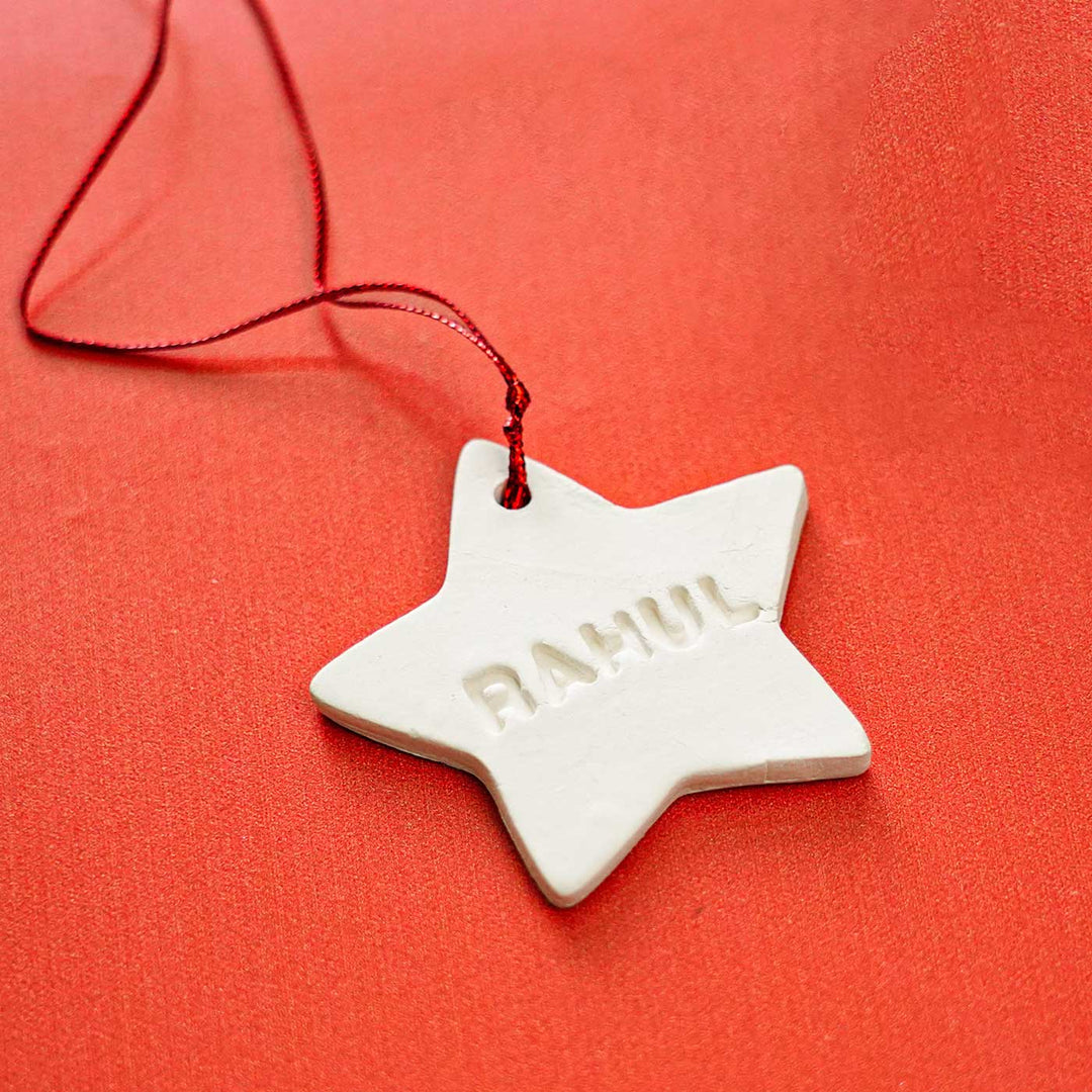 Set of 4 | Personalized Star Embossed Clay Ornament For Christmas Tree Decoration
