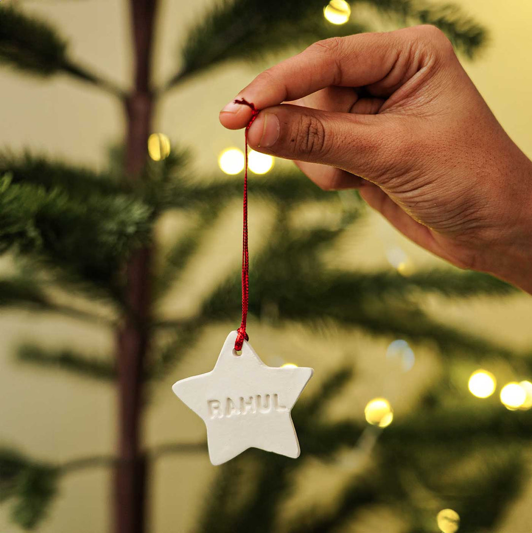 Set of 4 | Personalized Star Embossed Clay Ornament For Christmas Tree Decoration