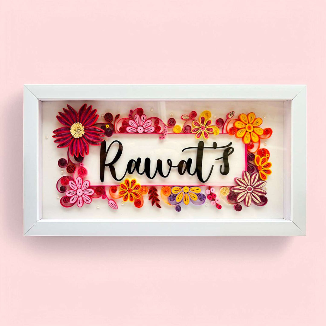 Personalized Handmade Quilling Floral Theme Framed Name Plate 1 - Front View with Name Personalization