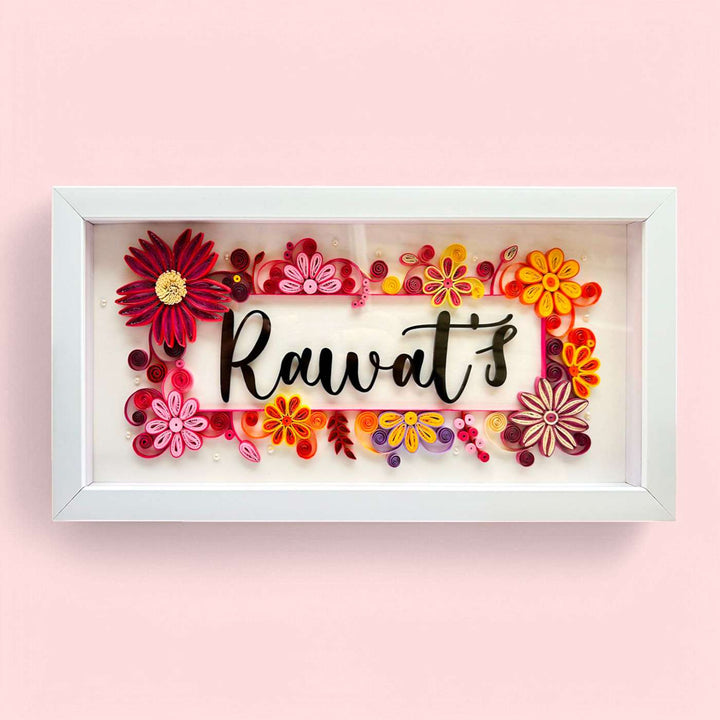 Personalized Handmade Quilling Floral Theme Framed Name Plate 1 - Front View with Name Personalization