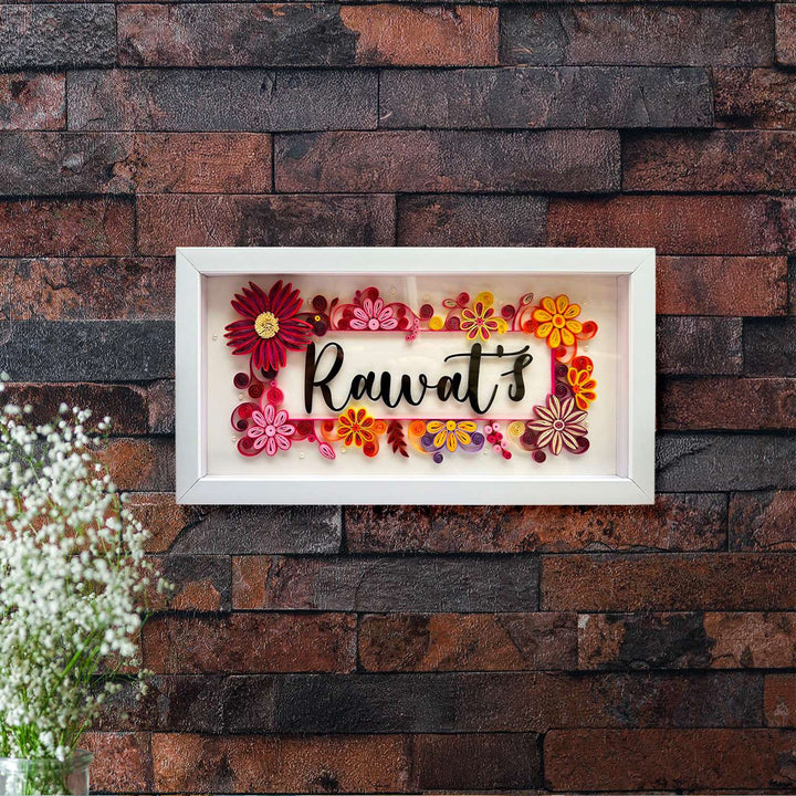 Personalized Handmade Quilling Floral Theme Framed Name Plate 1 - Mounted on Brick Wall Close-up