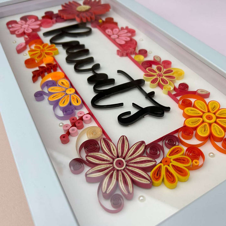 Personalized Handmade Quilling Floral Theme Framed Name Plate 1 - Angled Close-up Showing Depth