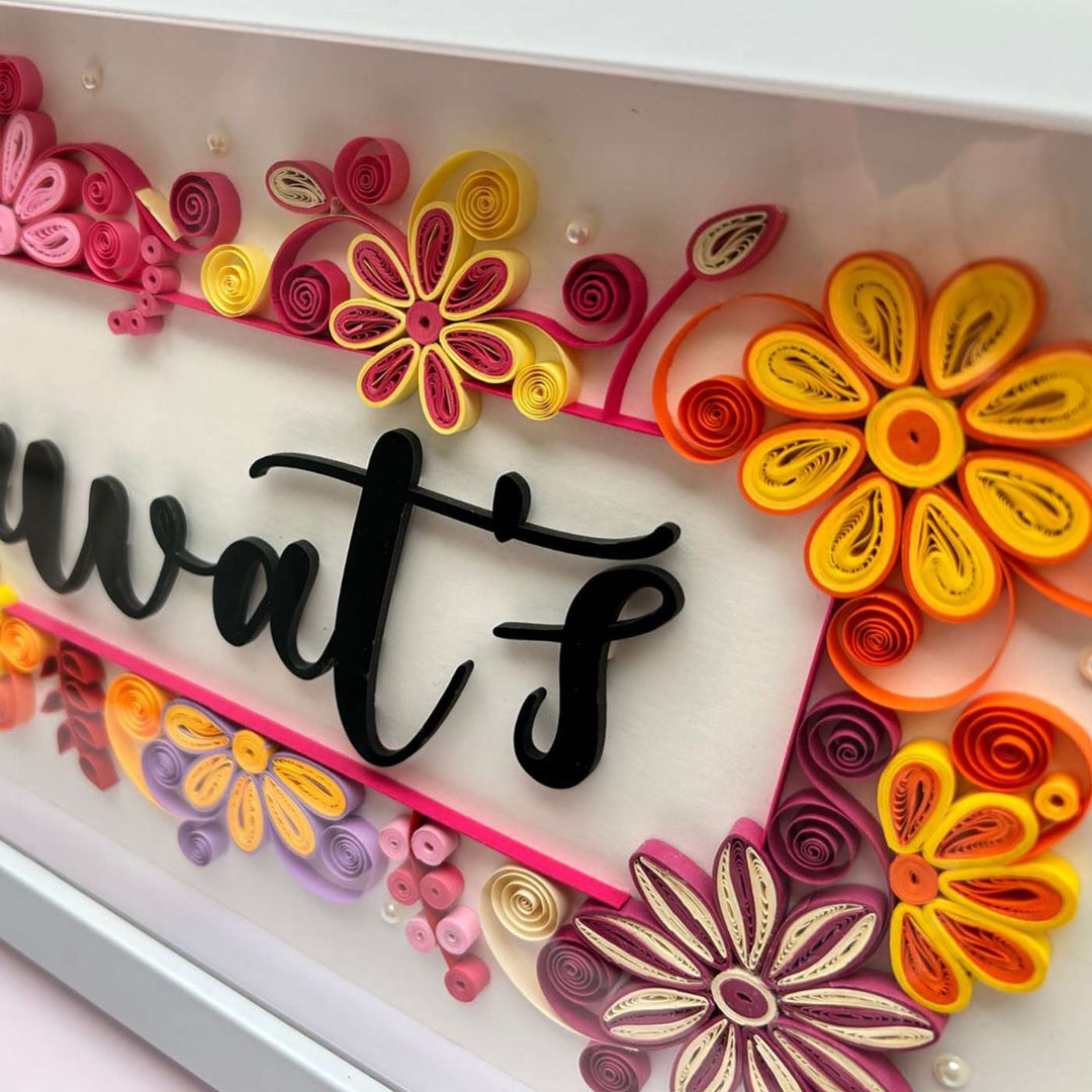 Personalized Handmade Quilling Floral Theme Framed Name Plate 1 - Angled Close-up Showing Detail