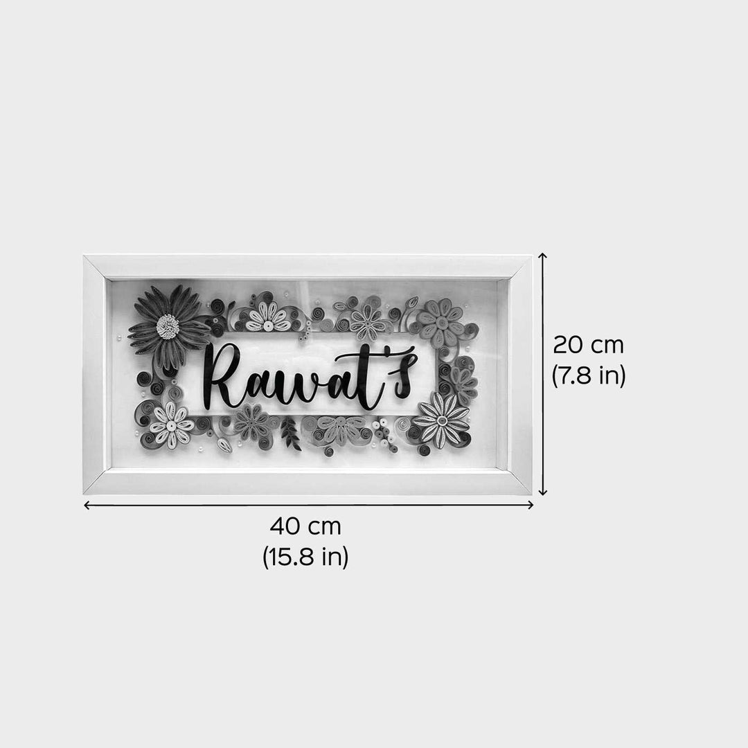 Personalized Handmade Quilling Floral Theme Framed Name Plate 1 - Dimension Chart with Front View