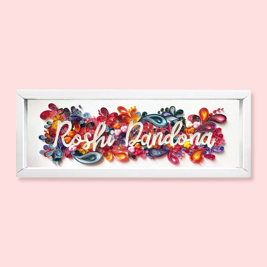 Personalized Handmade Quilling Floral Theme Framed Name Plate - Front View on Pink Background