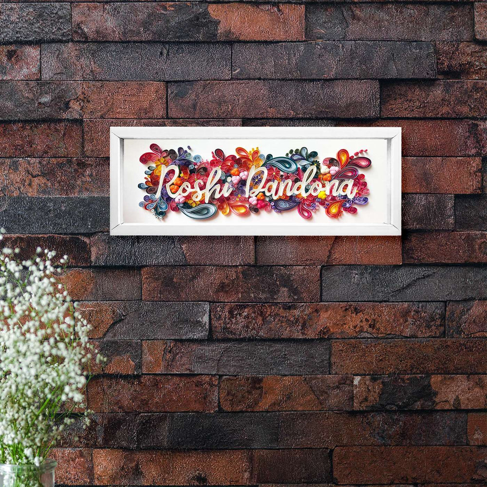 Personalized Handmade Quilling Floral Theme Framed Name Plate - Mounted on Brick Wall Centered