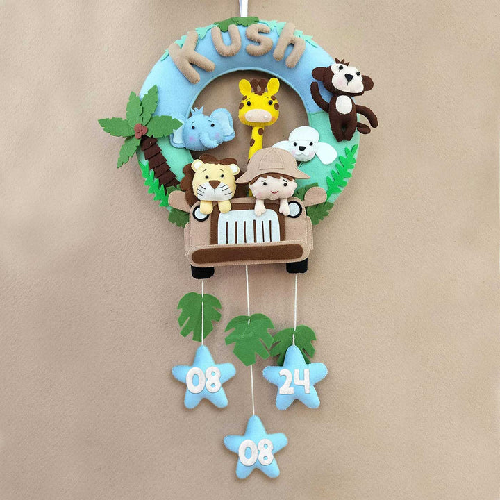 Personalized Kids Theme Felt Hoop Name Plate 10 - Front View Hanging with Date Stars