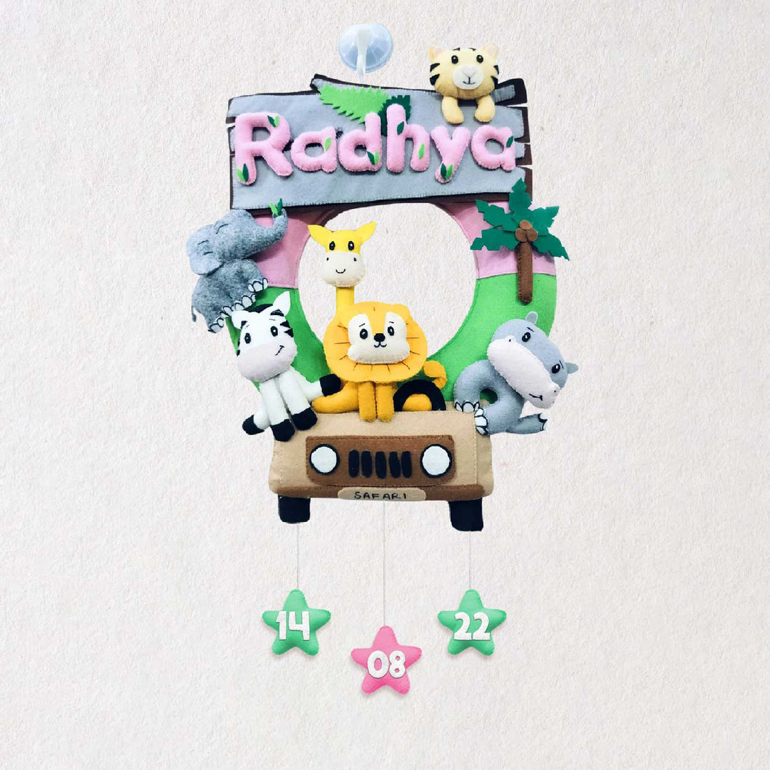 Personalized Jungle Safari Themed Round Felt Kids Nameplate Pink - Front View Hanging with Suction Cup