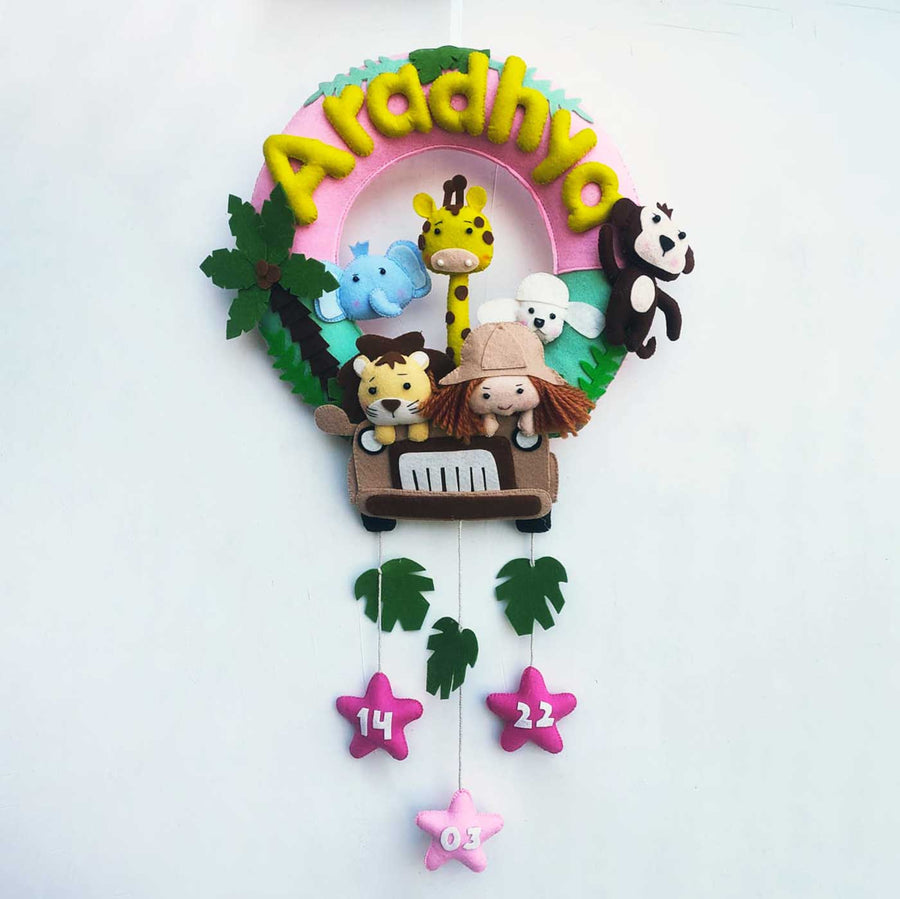 Personalized Jungle Safari Theme Round Felt Kids Nameplate Pink - Front View Hanging with Personalized Name