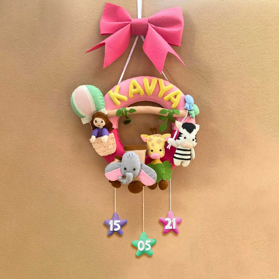 Personalized Kids Jungle Themed Round Felt Nameplate For Girls - Hanging Front View with Personalization