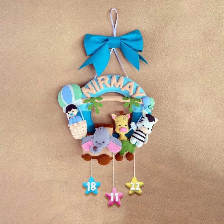 Personalized Kids Jungle Themed Round Felt Nameplate - Hanging Front View with Name Personalization (6)