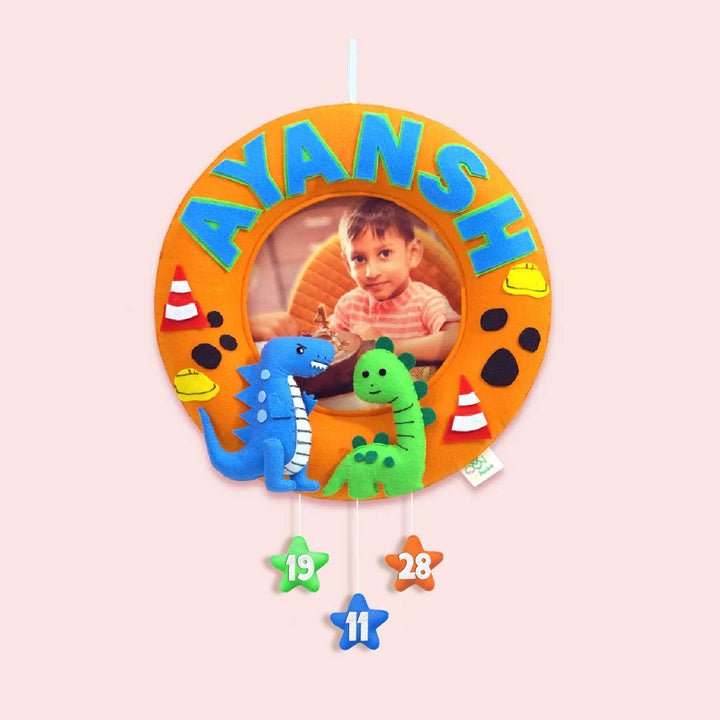 Photo Personalized Kids Dinosaur Theme Felt Nameplate - Front View with Name and Photo