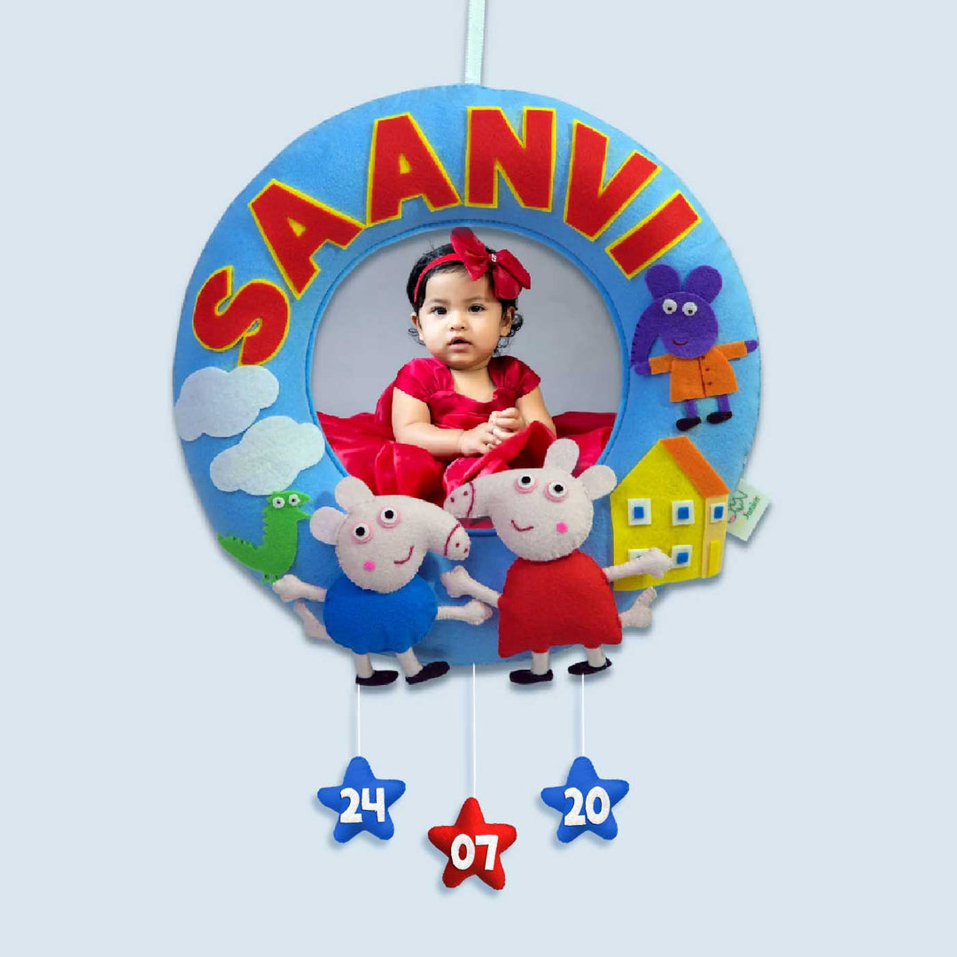 Photo Personalized Kids Peppa Pig Theme Felt Nameplate - Front View with Name Personalization