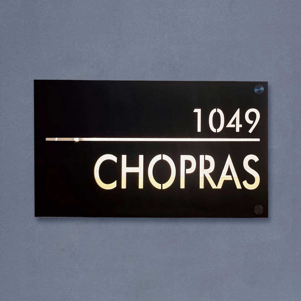 Personalized Waterproof Black Laser Cut Metal Led Name Plate - Mounted on Wall Front View