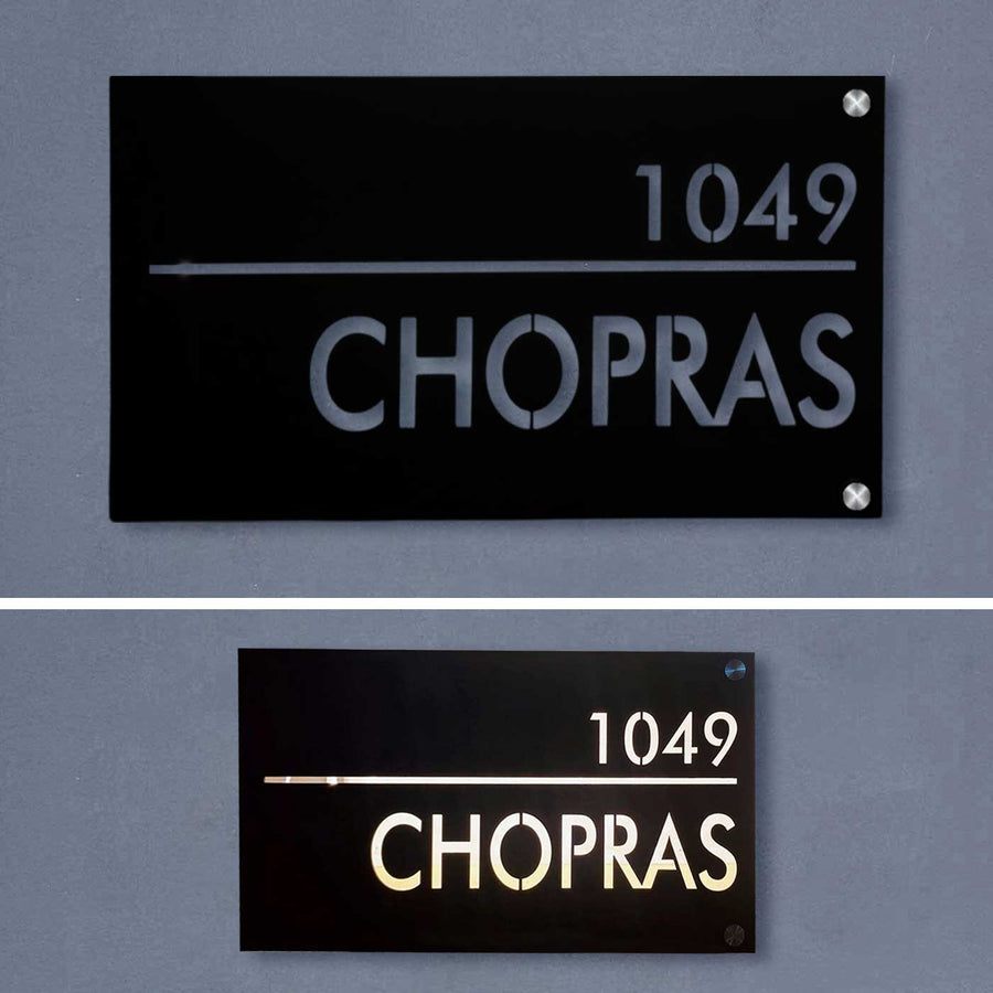 Personalized Waterproof Black Laser Cut Metal Led Name Plate - Front View Mounted on Wall