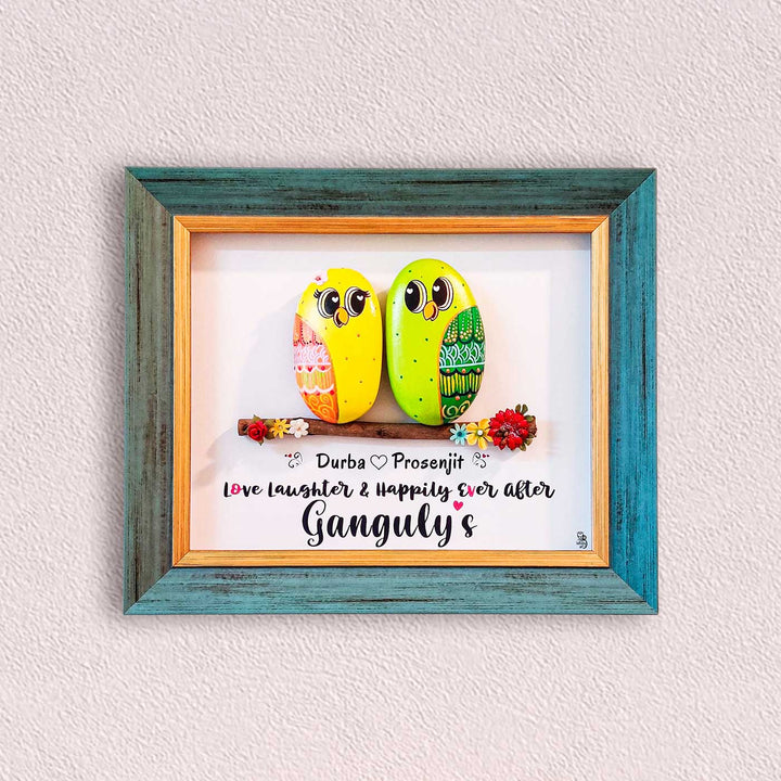 Personalized Pebble Art Cute Yellow And Green Couple Wooden Name Plate - Framed Wall Hanging Front View