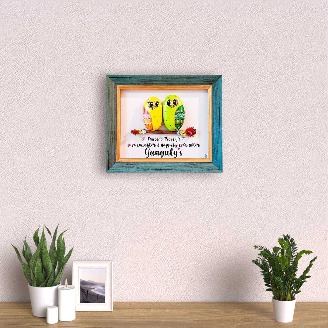 Personalized Pebble Art Cute Yellow And Green Couple Wooden Name Plate - Framed Artwork Hanging on Wall