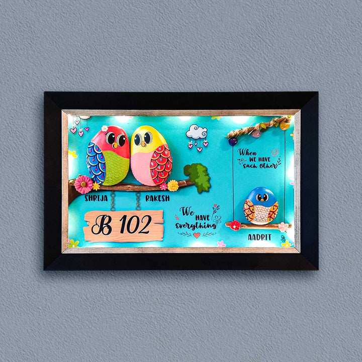 Personalized Pebble Art Embraced With Love Wooden Name Plate With Lights - Framed Wall Hanging with Name Personalization
