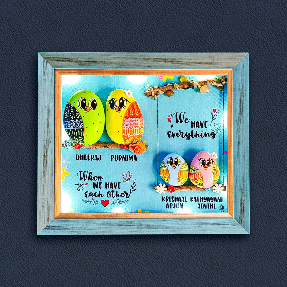 Personalized Pebble Art Family 4Ever Wooden Name Plate With Lights - Front View Mounted on Wall
