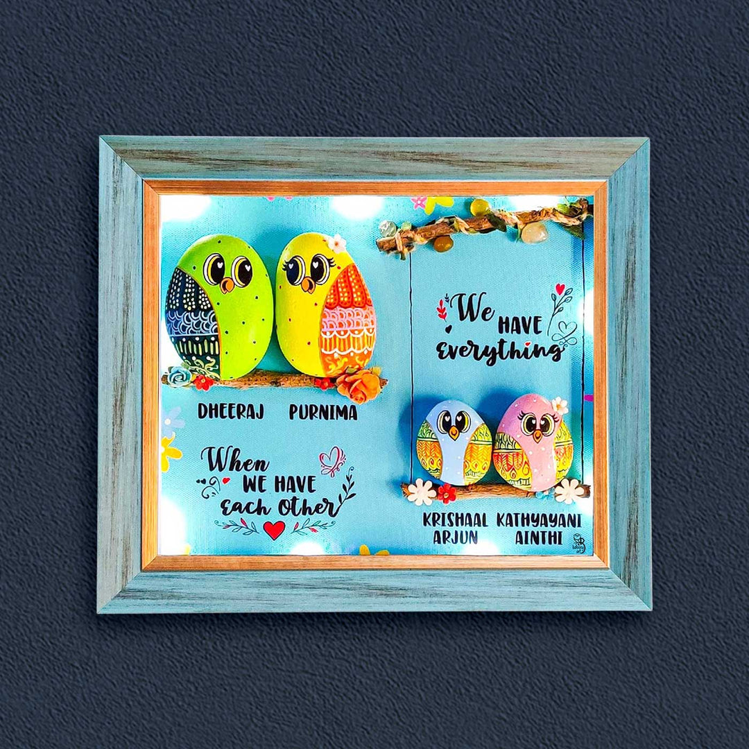 Personalized Pebble Art Family 4Ever Wooden Name Plate With Lights - Front View Mounted on Wall