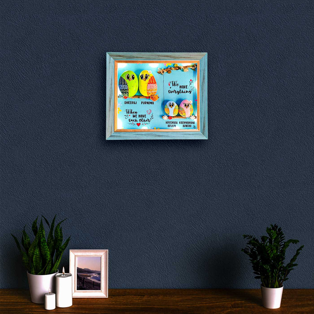Personalized Pebble Art Family 4Ever Wooden Name Plate With Lights - Framed Picture Hanging on Wall