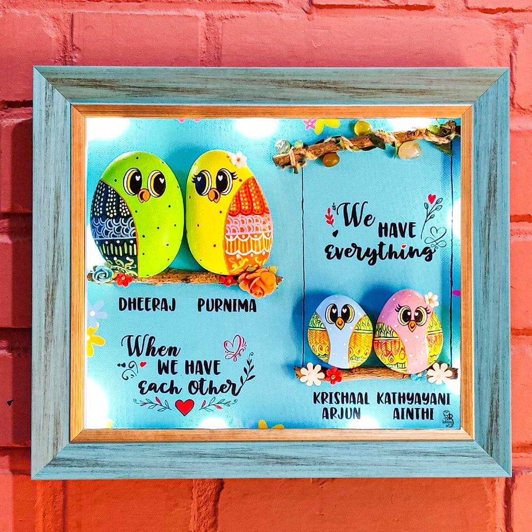 Personalized Pebble Art Family 4Ever Wooden Name Plate With Lights - Framed Artwork Front View