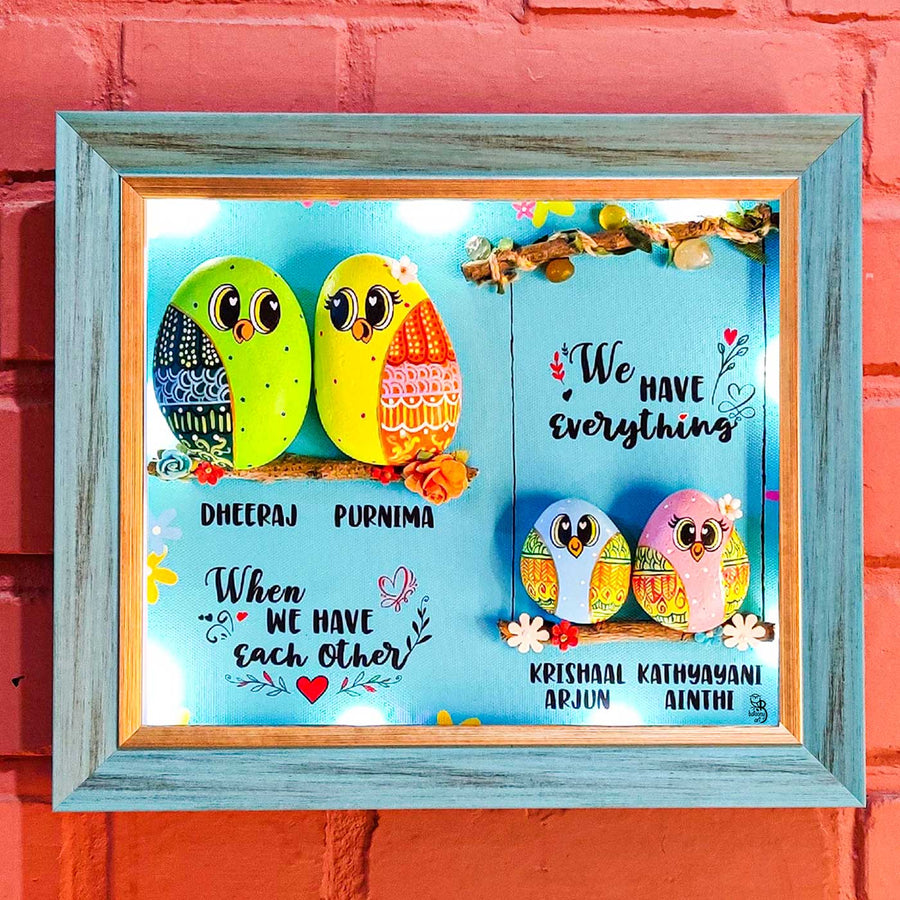 Personalized Pebble Art Family 4Ever Wooden Name Plate With Lights - Framed Artwork Front View