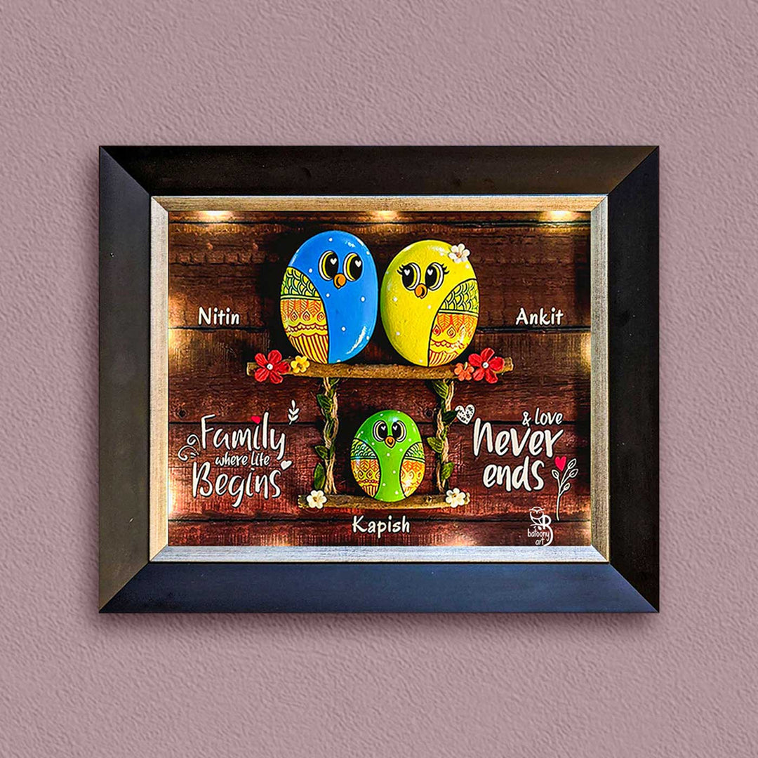 Personalized Pebble Art Funkadelic Trio Home Wooden Name Plate With Lights - Framed Front View with Personalization