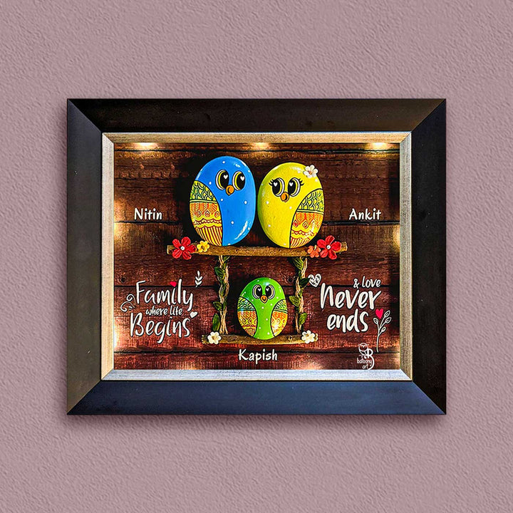 Personalized Pebble Art Funkadelic Trio Home Wooden Name Plate With Lights - Framed Front View with Personalization