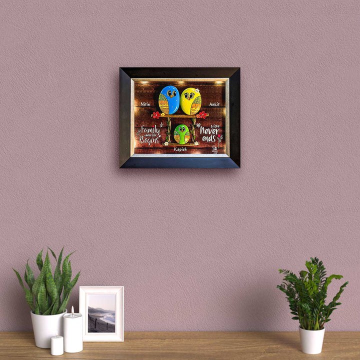Personalized Pebble Art Funkadelic Trio Home Wooden Name Plate With Lights - Framed Artwork Mounted on Wall